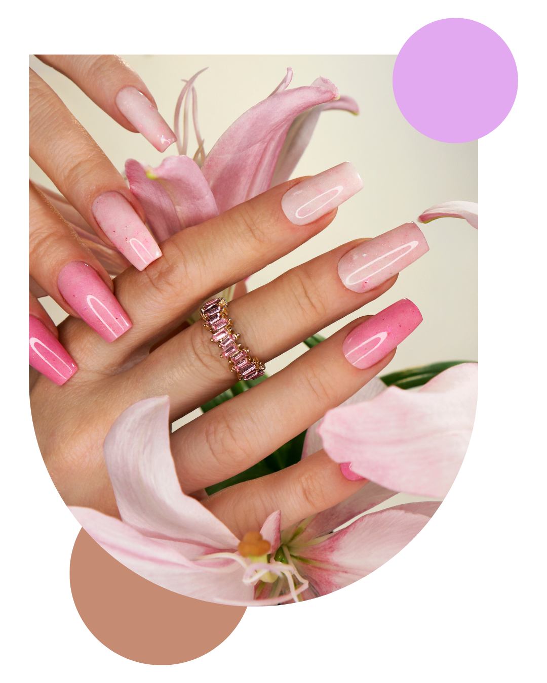 Beautiful pink gradient nail art with flowers